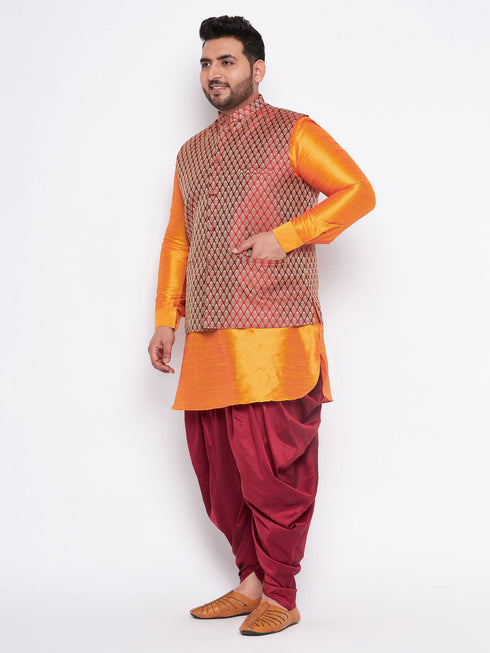 Vastramay Men's Plus Size Maroon Woven jacket And Orange kurta And Dhoti Set